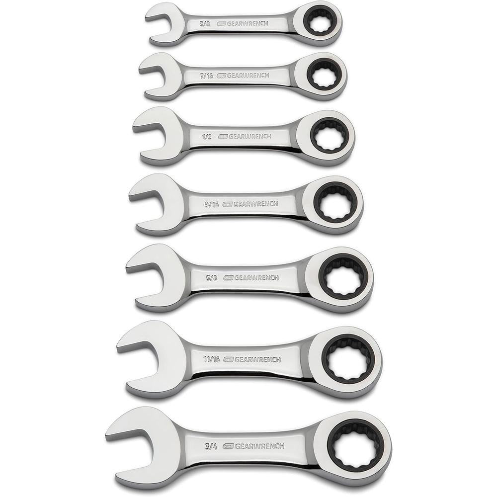 GearWrench 9507 7 Piece SAE Stubby Combination Ratcheting Wrench Set