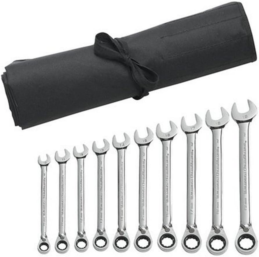 GearWrench 9601RN 10-Piece 72-Tooth 12-Point Reversible Ratcheting Combination Metric Wrench Set with Tool Roll