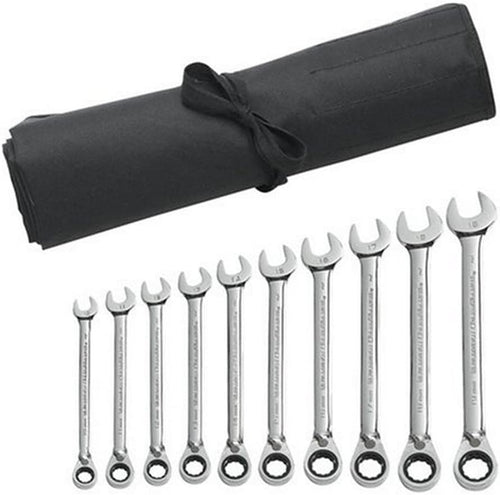 GearWrench 9601RN 10-Piece 72-Tooth 12-Point Reversible Ratcheting Combination Metric Wrench Set with Tool Roll
