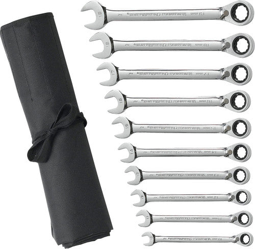 GearWrench 9601RN PG144 - 10 PC. 12 PT., 15° OFFSET, REVERSIBLE RATCHETING COMBINATION METRIC WRENCH SET WITH TOOL ROLL, 10MM-19MM - MPR Tools & Equipment