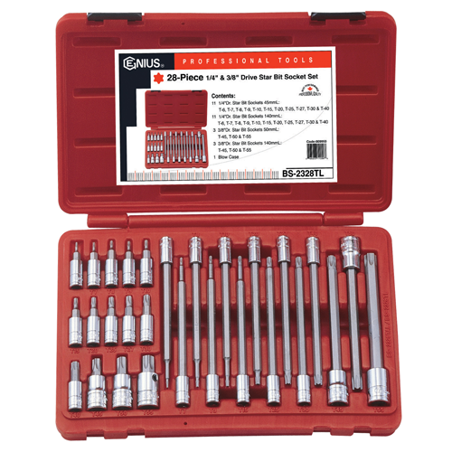 Genius Tools GNSBS2328TL 28Pc 1/4-3/8Dr Long Star Bi Sk - MPR Tools & Equipment