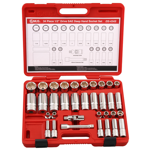 Genius Tools GNSDS434S 34Pcs 1/2"Dr.Deep Stocket Set - MPR Tools & Equipment
