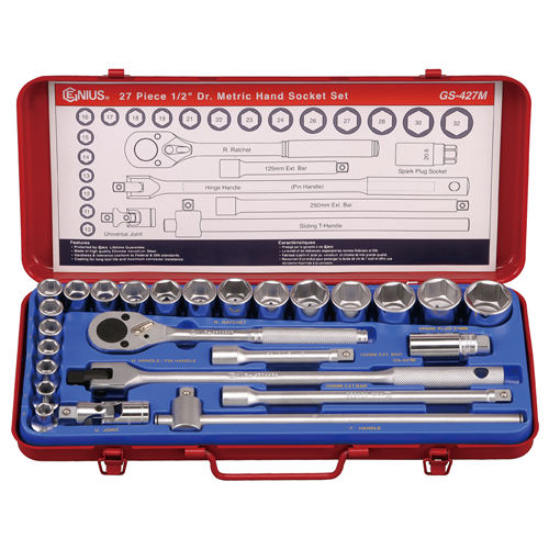 Genius Tools GNSGS427M 1/2"Dr. 27Pcs Hand Socket Set - MPR Tools & Equipment