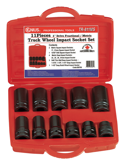 Genius Tools GNSTR811MS 11Pc 1"Dr Sae/Met Truck Wh.Imp - MPR Tools & Equipment