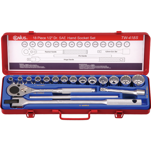 Genius Tools GNSTW418S 1/2"Dr 18Pcs Sae. Hand Socket - MPR Tools & Equipment