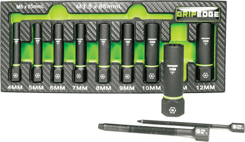 GripEdge XAM9DS 9-Pc 1/4" Drive Metric Rpt Socket Extractor With Fors Set (Deep Length), 4-12 Mm + M3.5 & M6 Fors Pusher Rods - MPR Tools & Equipment