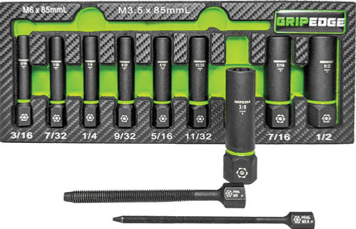 GripEdge XAS9DS 9-Pc 1/4" Drive Sae Rpt Socket Extractor With Fors Set (Deep Length), 3/16-1/2" + M3.5 & M6 Fors Pusher Rods - MPR Tools & Equipment