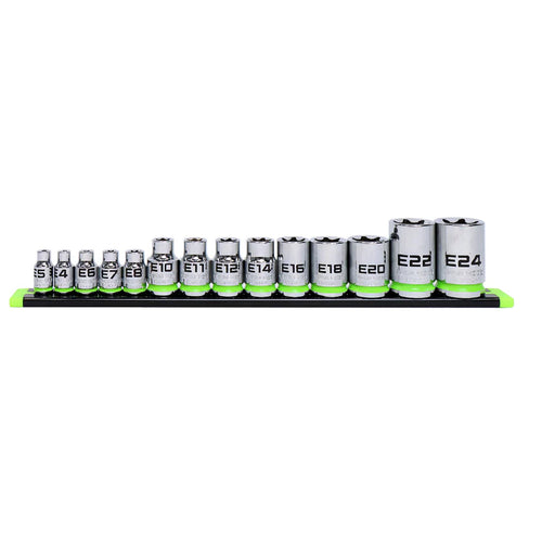 GripEdge ES14S 14-pc 1/4", 3/8", 1/2" Dr. RPT Female Torx Bit Socket Set, E4-E24 - MPR Tools & Equipment