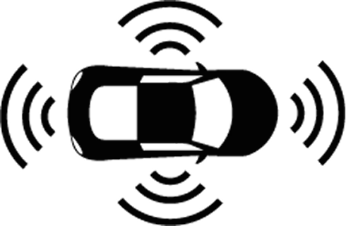 Automotive wireless connectivity icon showing vehicle with signal waves