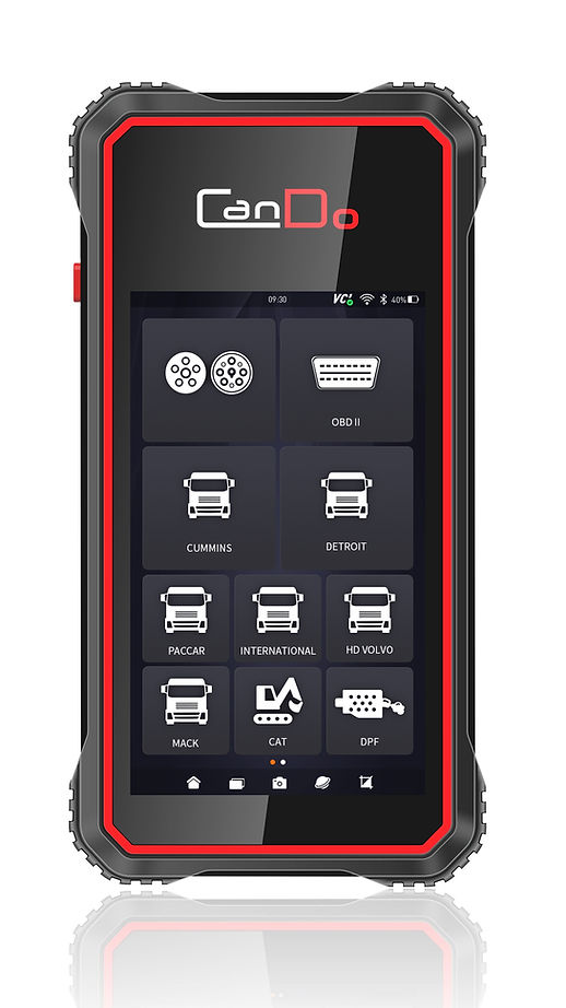 CanDo HD Code III Handheld Scanner front view showing 5-inch touchscreen with OBD II, Cummins, Detroit, Paccar, International, HD Volvo, Mack, CAT, and DPF menus