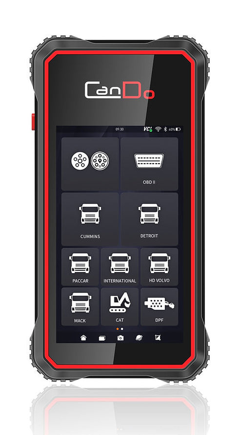 CanDo HD Code III Handheld Scanner front view showing 5-inch touchscreen with OBD II, Cummins, Detroit, Paccar, International, HD Volvo, Mack, CAT, and DPF menus