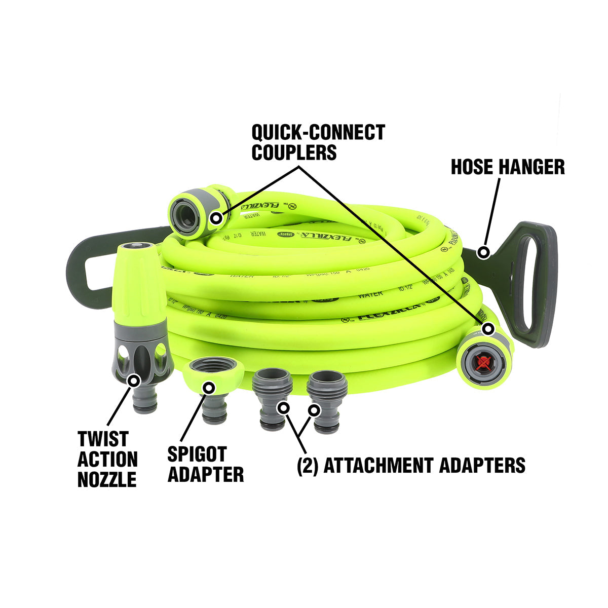 Flexzilla HFZG12050QN Garden Hose Kit diagram labeling quick-connect couplers, hose hanger, twist action nozzle, spigot adapter, and attachment adapters