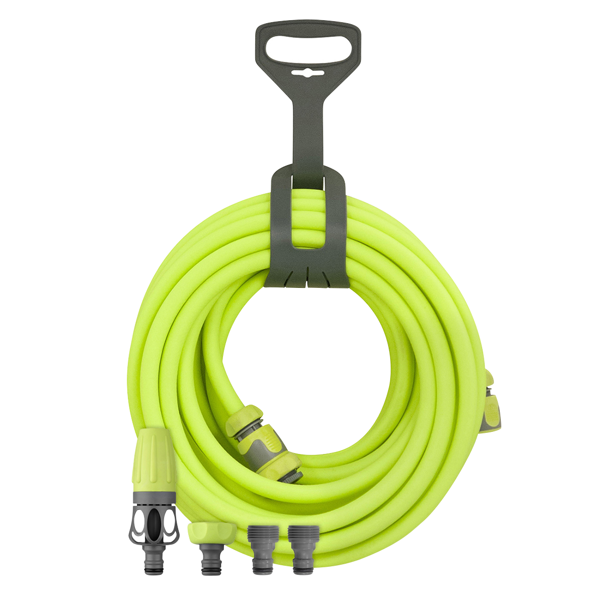 Flexzilla HFZG12050QN Garden Hose Kit 1/2 in. x 50 ft. coiled on hanger with quick connect couplers, nozzle, and adapters