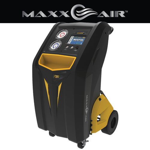 CPS Products MSX3030 MAXXAIR R-134a/R-1234yf RRR Management Center render with MAXXAIR branding, black and yellow