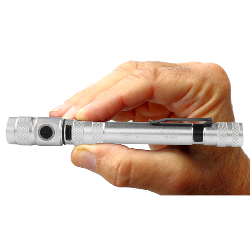 Hand holding Maxxeon WorkStar silver rechargeable LED penlight