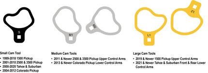 Lisle 41620 cam tool size chart showing small, medium, and large cam tools with GM vehicle compatibility