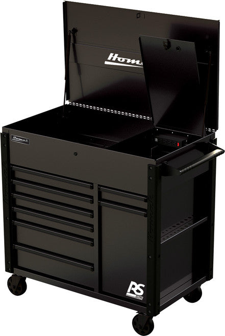 Homak BK06044080 44" RS PRO 8-DRAWER POWER SERVICE CART W/SECURITY BOX IN TOP TILL & POWER BAR - BLACK - MPR Tools & Equipment