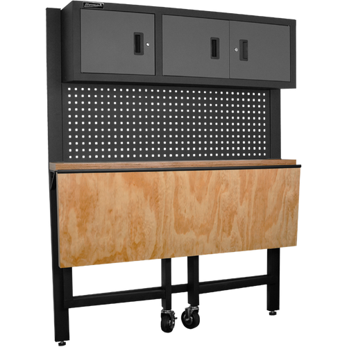 Homak GS00659131 59" COLLAPSIBLE WOOD TOP WORKBENCH W/3 DOOR CABINET