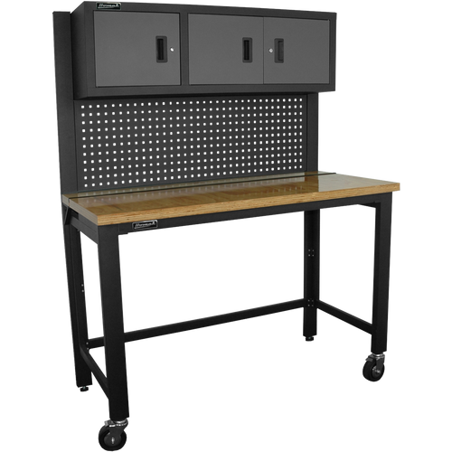 Homak GS00659131 59" COLLAPSIBLE WOOD TOP WORKBENCH W/3 DOOR CABINET