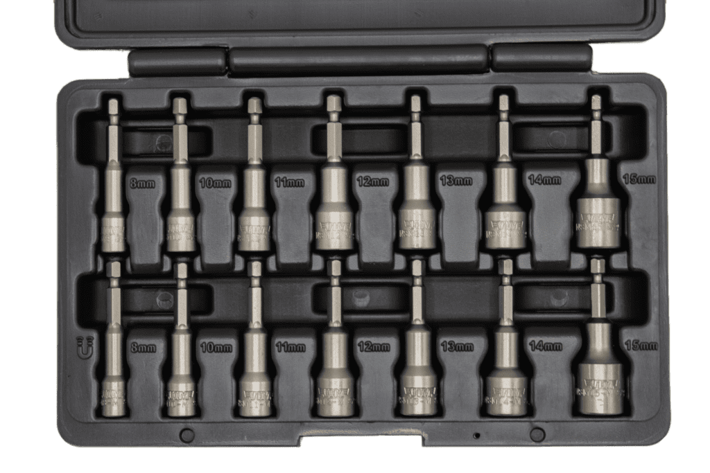 VIM Tools NSM100A 14pc Metric Nut Setter Set open case showing all 14 pieces in 8-15mm sizes