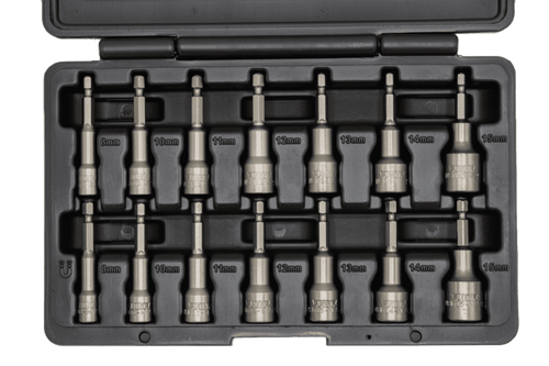 VIM Tools NSM100A 14pc Metric Nut Setter Set open case showing all 14 pieces in 8-15mm sizes