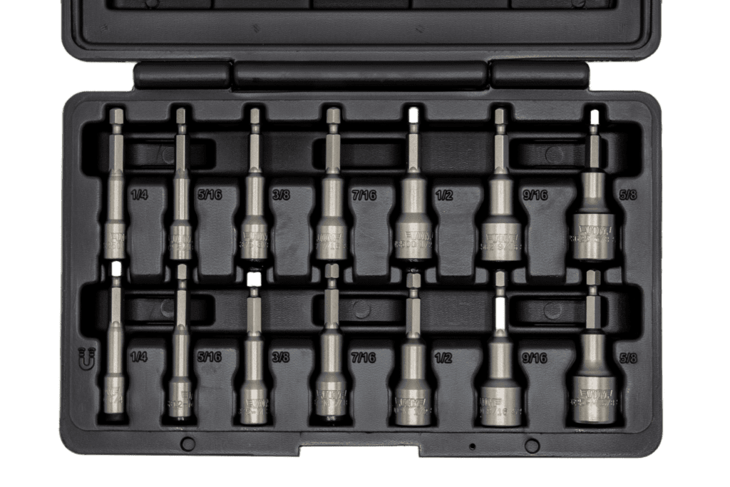 VIM Tools NS100A 14pc SAE Nut Setter Set open case top-down view showing all 14 pieces