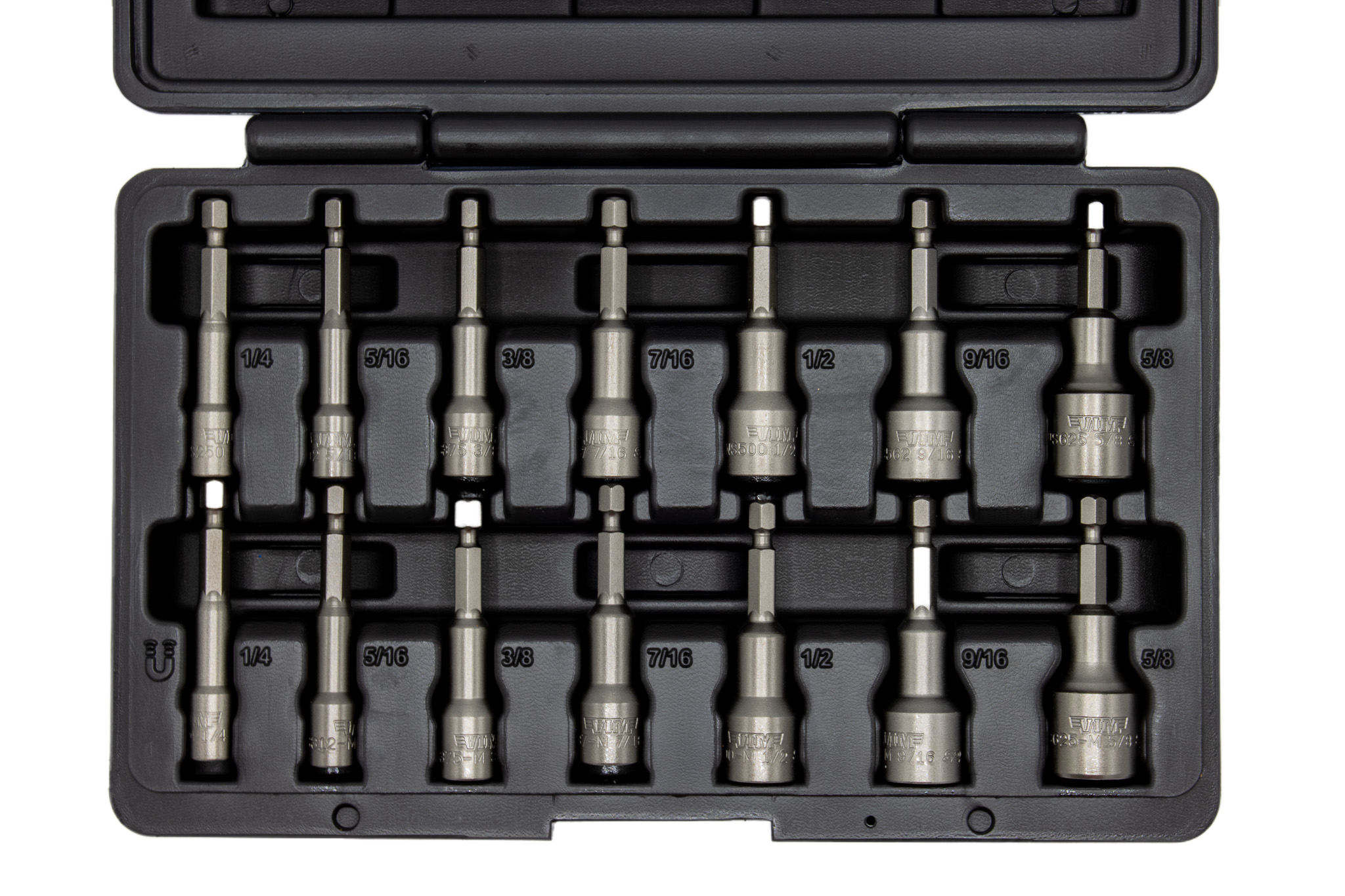 VIM Tools NS100A 14pc SAE Nut Setter Set close-up of all SAE sizes 1/4 to 5/8 in tray