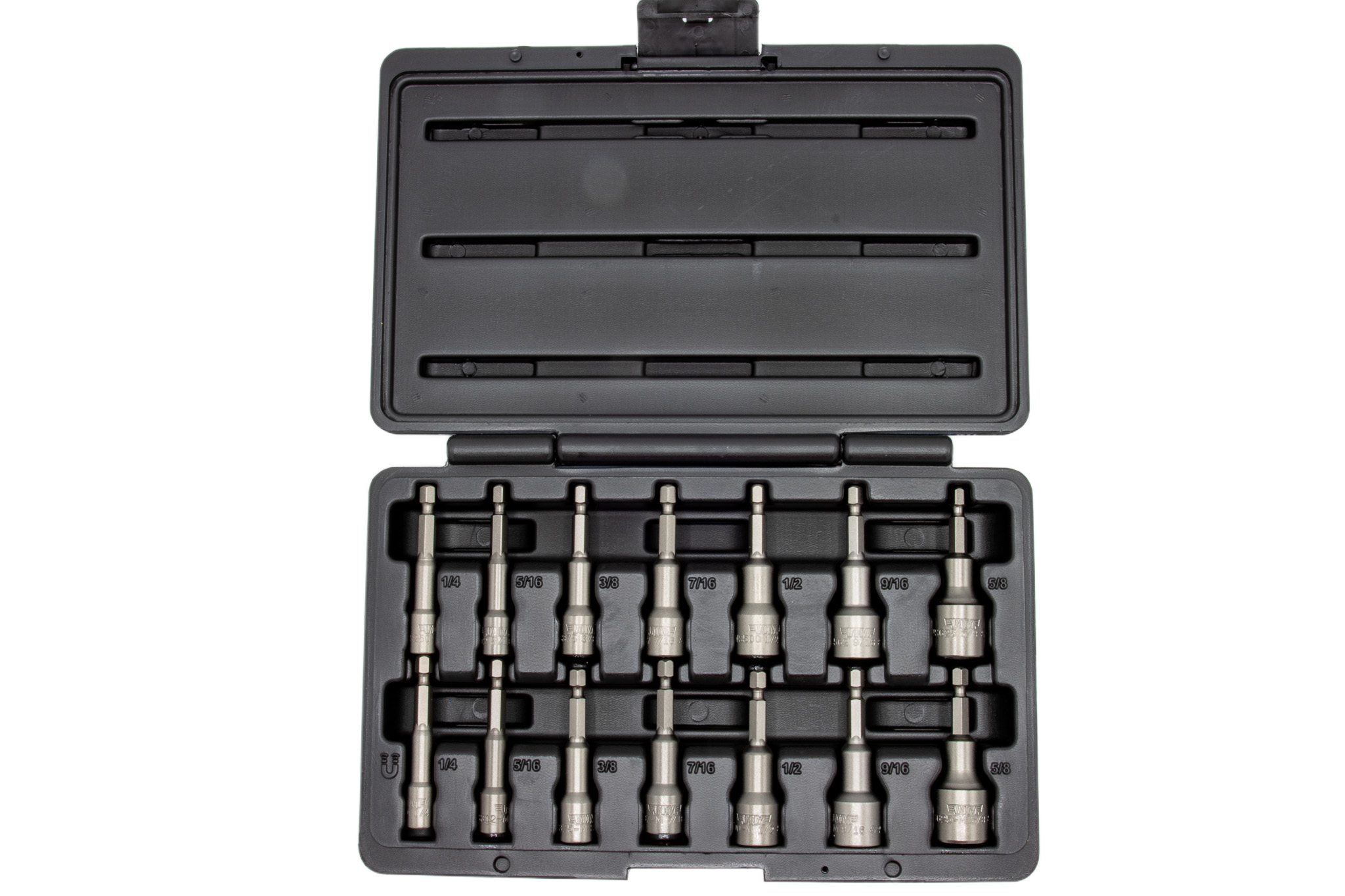 VIM Tools NS100A 14pc SAE Nut Setter Set open case angled view with lid