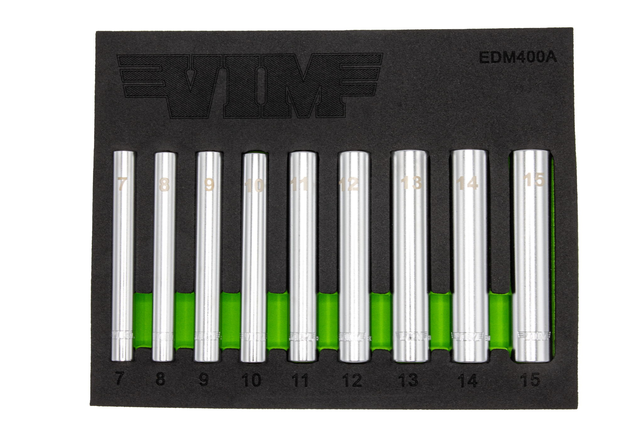 VIM Tools EDM400A 9-piece extra deep metric socket set in foam tray, sizes 7-15mm