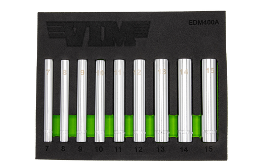VIM Tools EDM400A 9-piece extra deep metric socket set in foam tray, sizes 7-15mm
