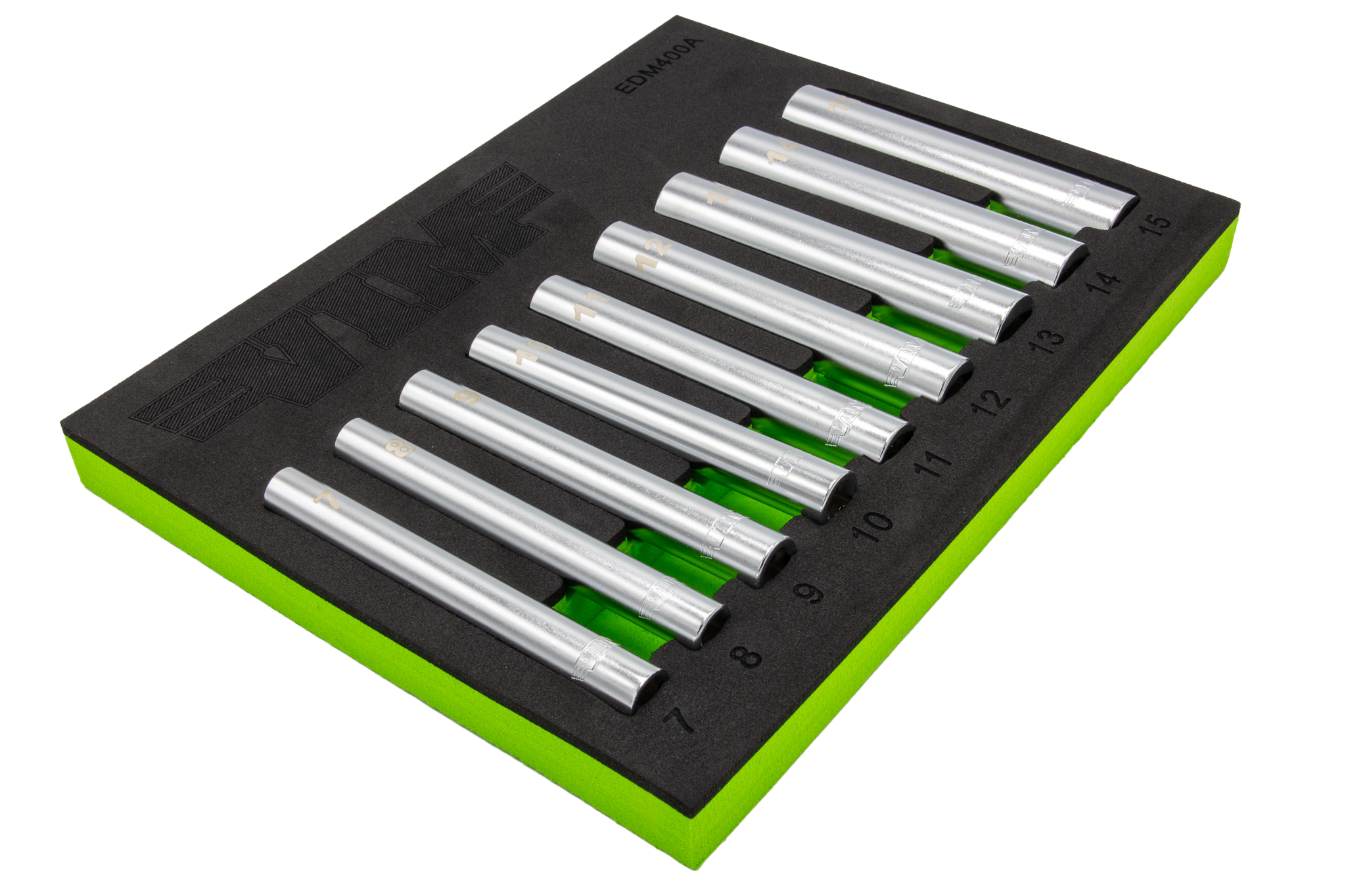 VIM Tools EDM400A 9-piece socket set in black and green foam tray, angled side view