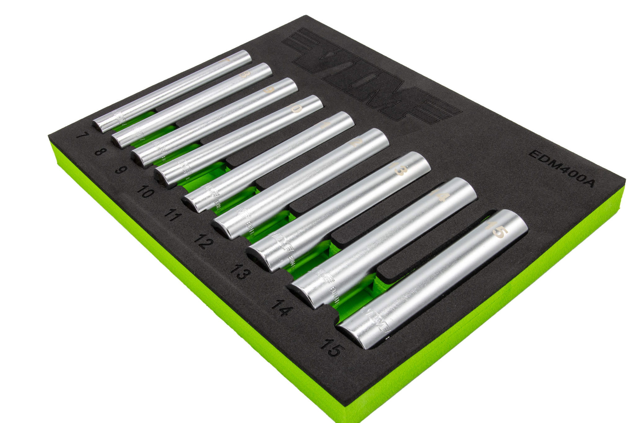 VIM Tools EDM400A 9-piece socket set in black and green foam tray, alternate angle view