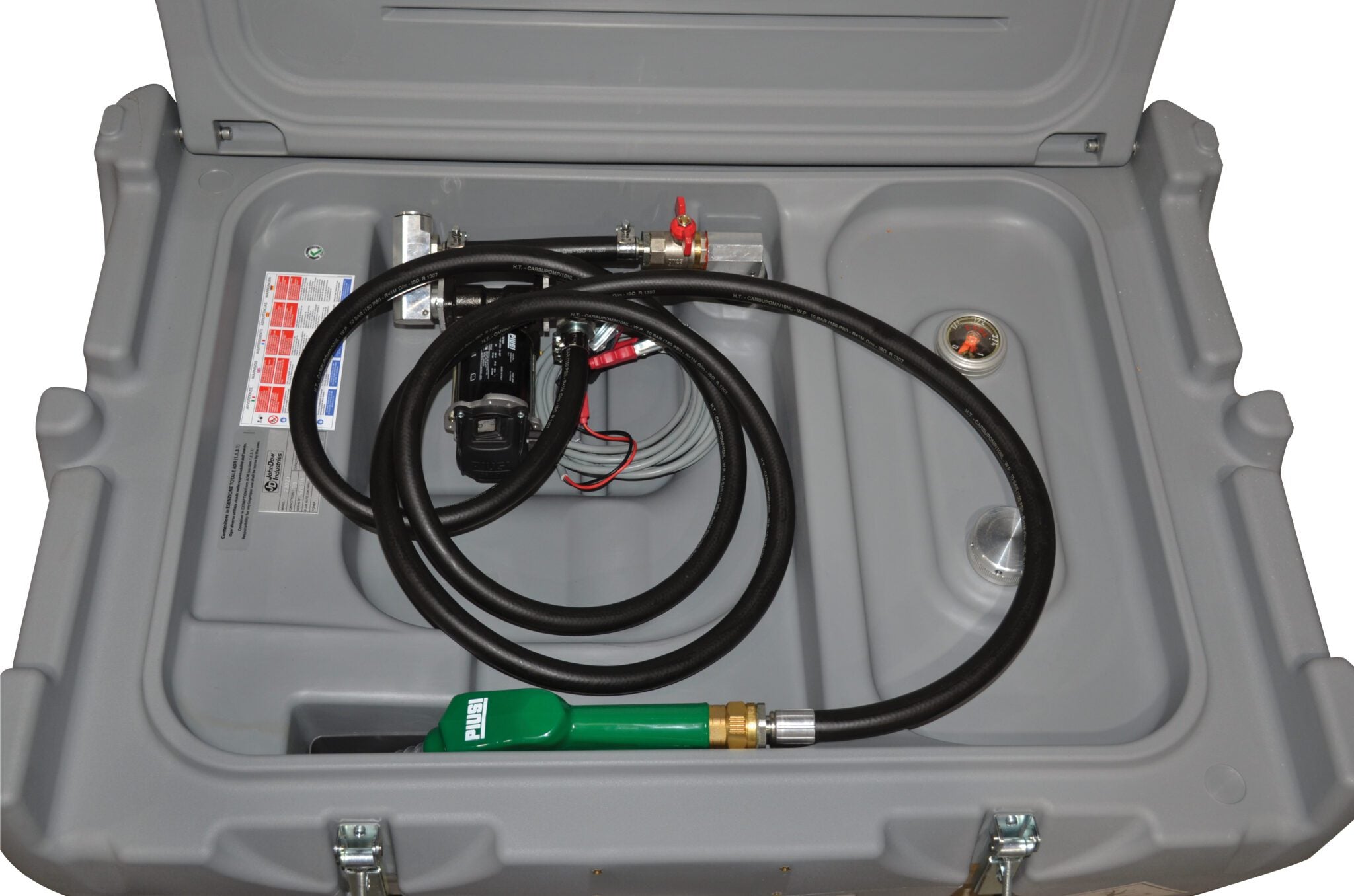 JDI-AFT58LP Diesel Carrytank interior top-down view showing 12V fuel transfer pump, delivery hose, and dispensing nozzle