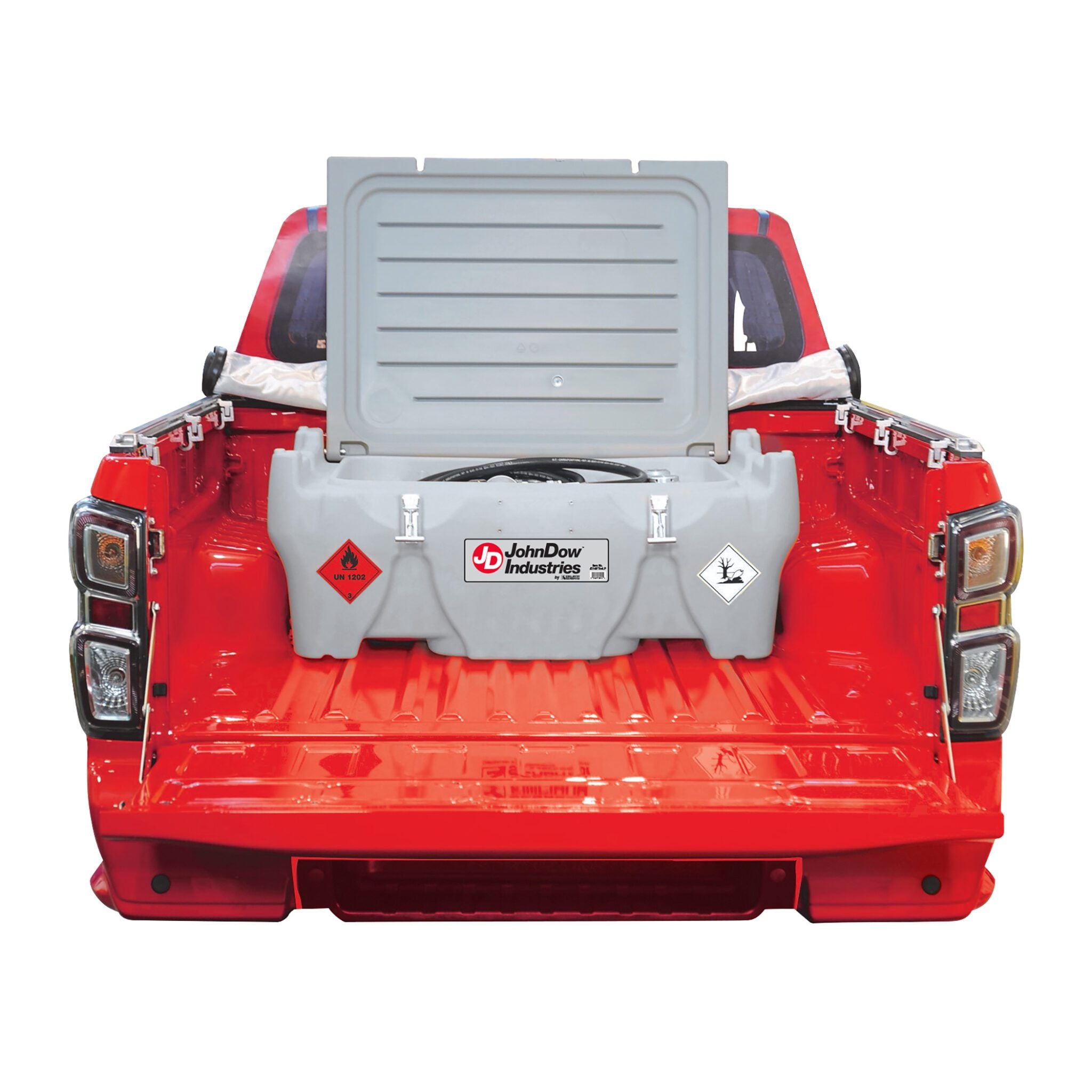 JDI-AFT58LP 58-Gallon Low-Profile Diesel Carrytank loaded in a pickup truck bed with lid open