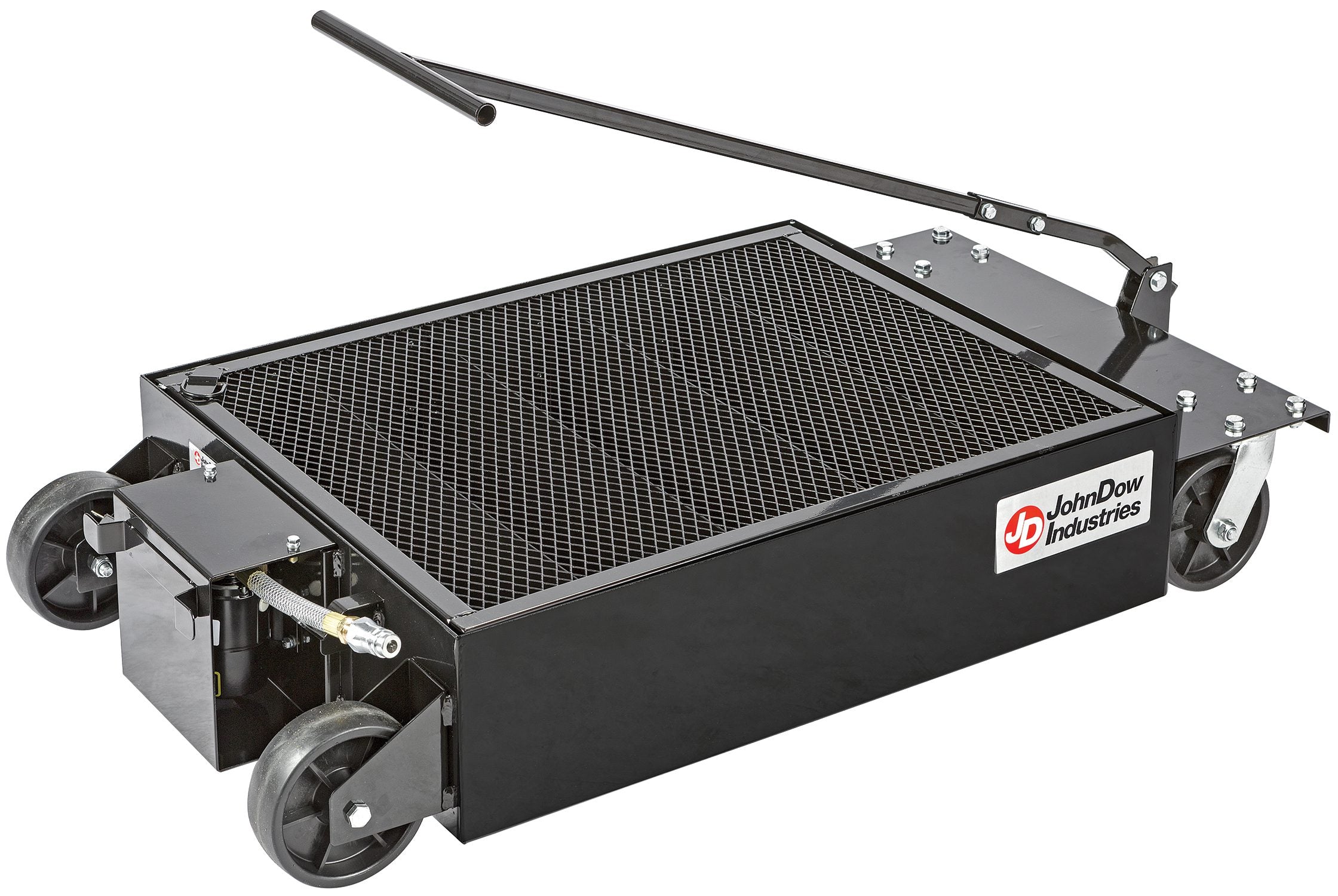 JohnDow Industries JDI-LP5 25-Gallon Low-Profile Oil Drain rear and side view showing expanded metal shield and casters