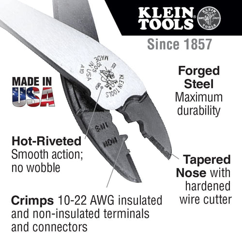 Klein Tools 1005 Cutting / Crimping Tool for 10-22 AWG Terminals and Connectors. Terminal Crimper for Insulated and Non-Insulated Terminals - MPR Tools & Equipment