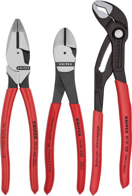 Knipex 9K 00 80 157 US 3pc Pro Pliers Set: 9 1/2" High Leverage Lineman's Pliers, 8" High Leverage Diagonal Cutter, 10" Cobra Water Pump Pliers - MPR Tools & Equipment