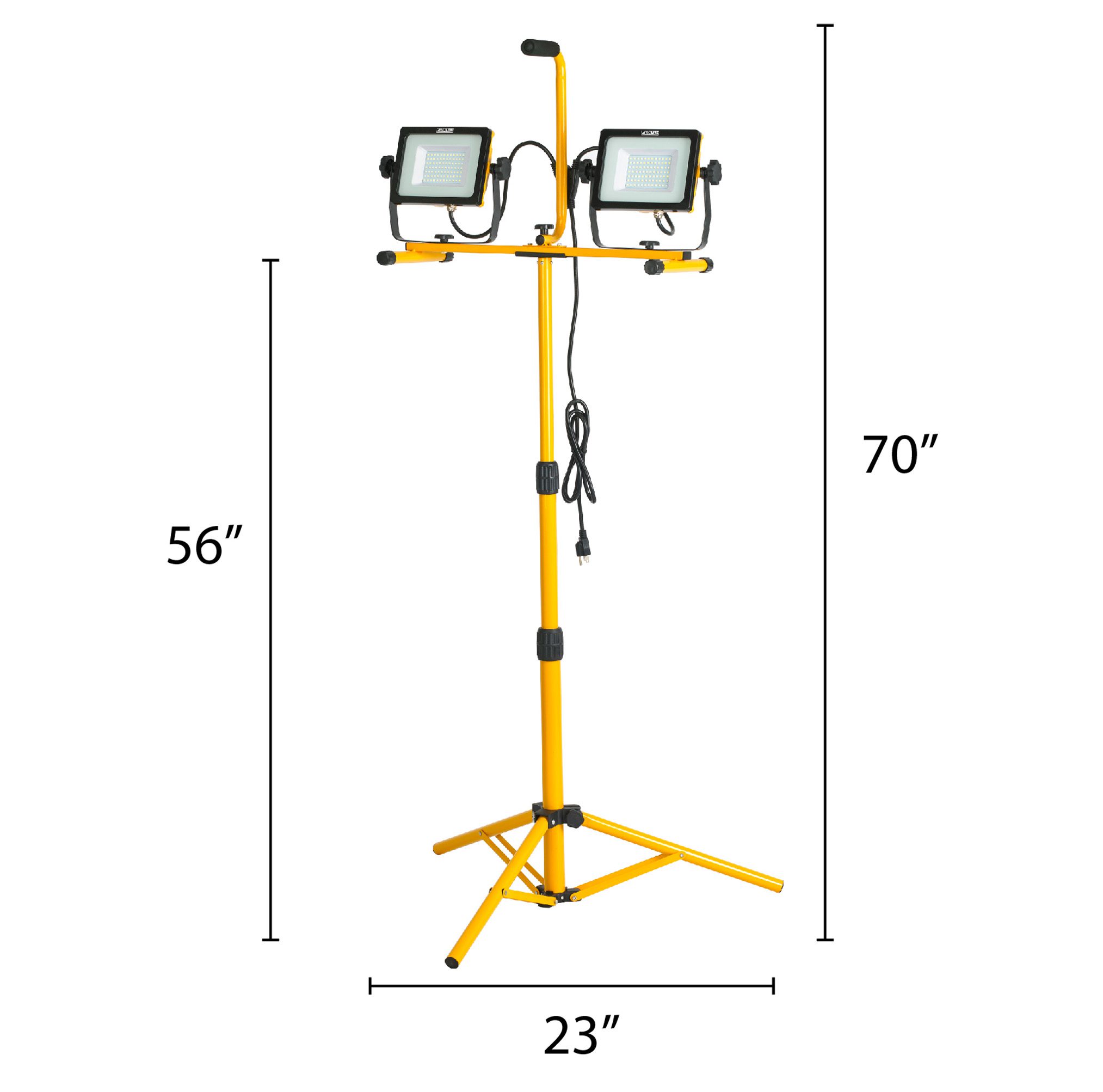 Alert Stamping LF240ST ProLite Twin LED Tripod Flood Light dimensions diagram showing 56 in min height, 70 in max height, and 23 in base width