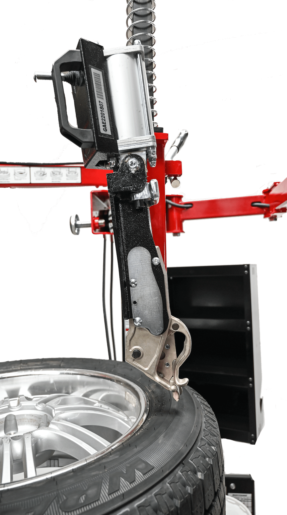 Coats Maxx 90 Leverless Bead Lifter tool head close-up on alloy wheel