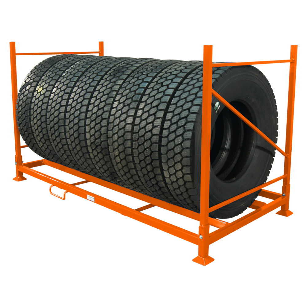 Martins Industries MAR-11 Truck and Bus Tire Folding Rack loaded with 8 heavy truck tires on tread