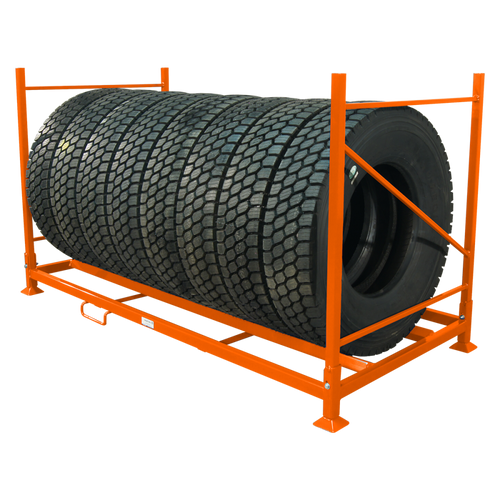 Martins Industries MAR-11 Truck and Bus Tire Folding Rack loaded with 8 heavy truck tires on tread