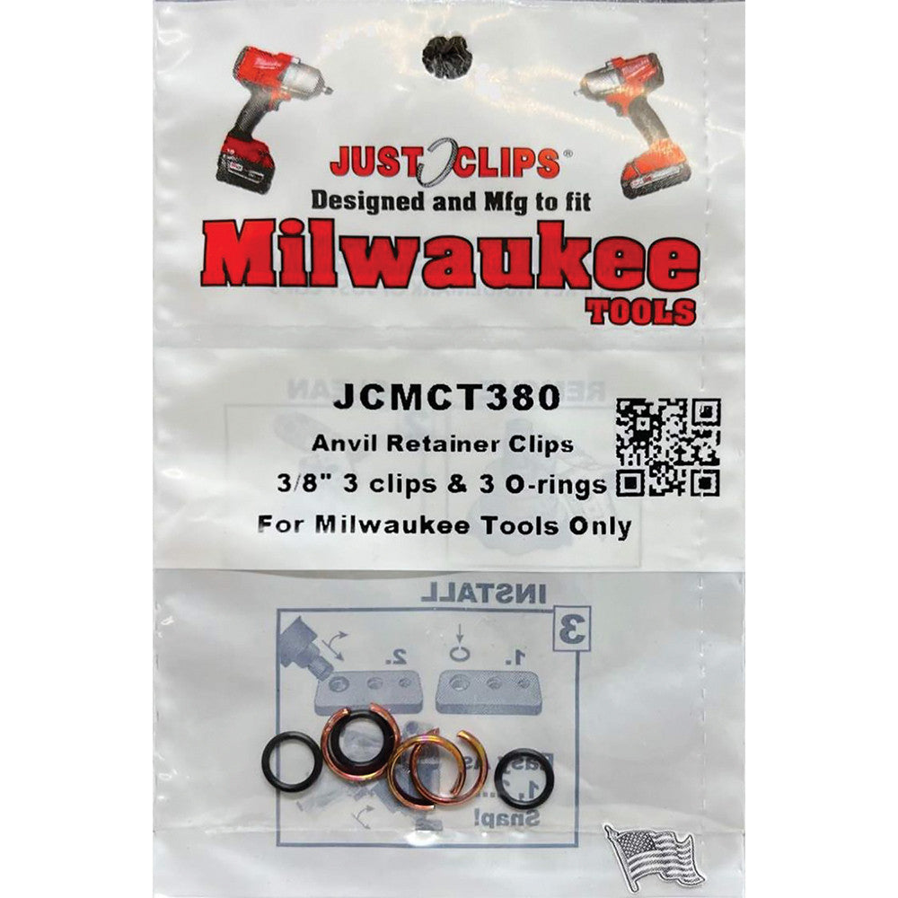Just Clips JCMCT38010 3/8" Milwaukee Style Anvil Retainer Clips and O-Rings 10-Pack, 3 snap rings and 3 O-rings per pack, Made in USA