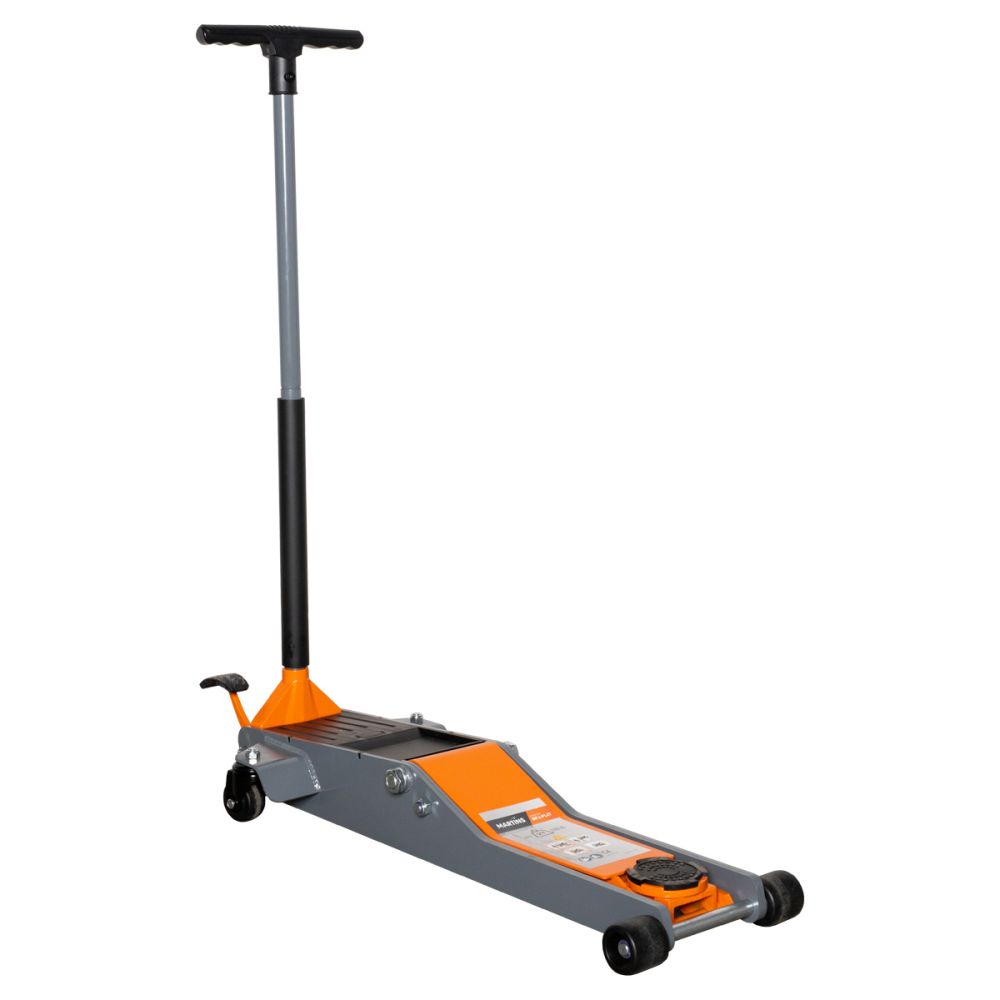 Martins Industries MFJ-PL2T 2-Ton Professional Long Reach Floor Jack in grey and orange, full side view