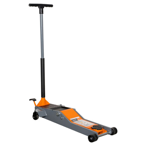Martins Industries MFJ-PL2T 2-Ton Professional Long Reach Floor Jack in grey and orange, full side view