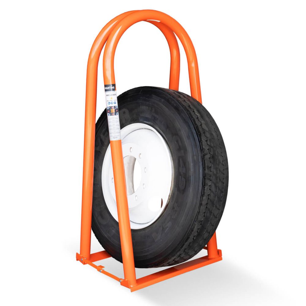 Martins Industries MIC-2OSFA 2-Bar Portable Tire Inflation Cage holding a truck tire, orange powder-coated steel