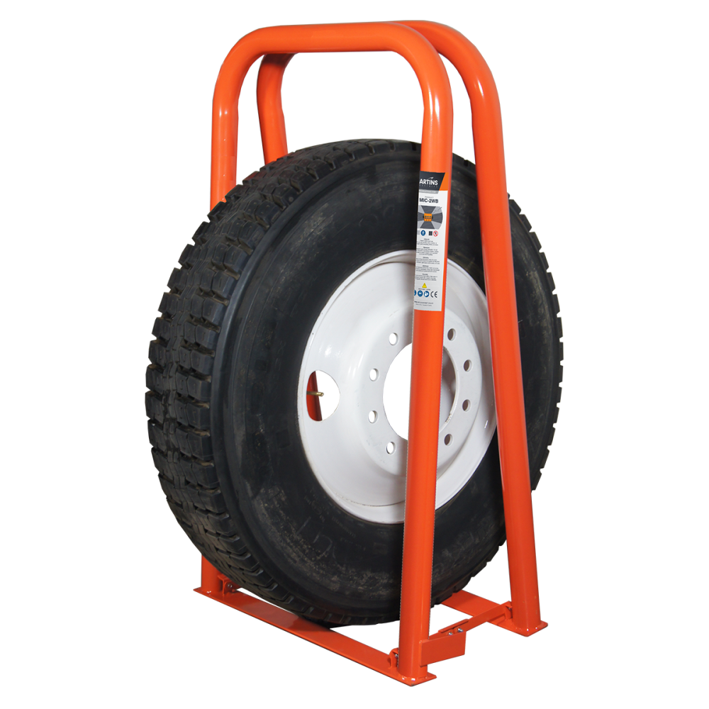 Martins Industries MIC-2WB 2-Bar Wide-Base Portable Tire Inflation Cage with super single truck tire, orange powder-coated steel