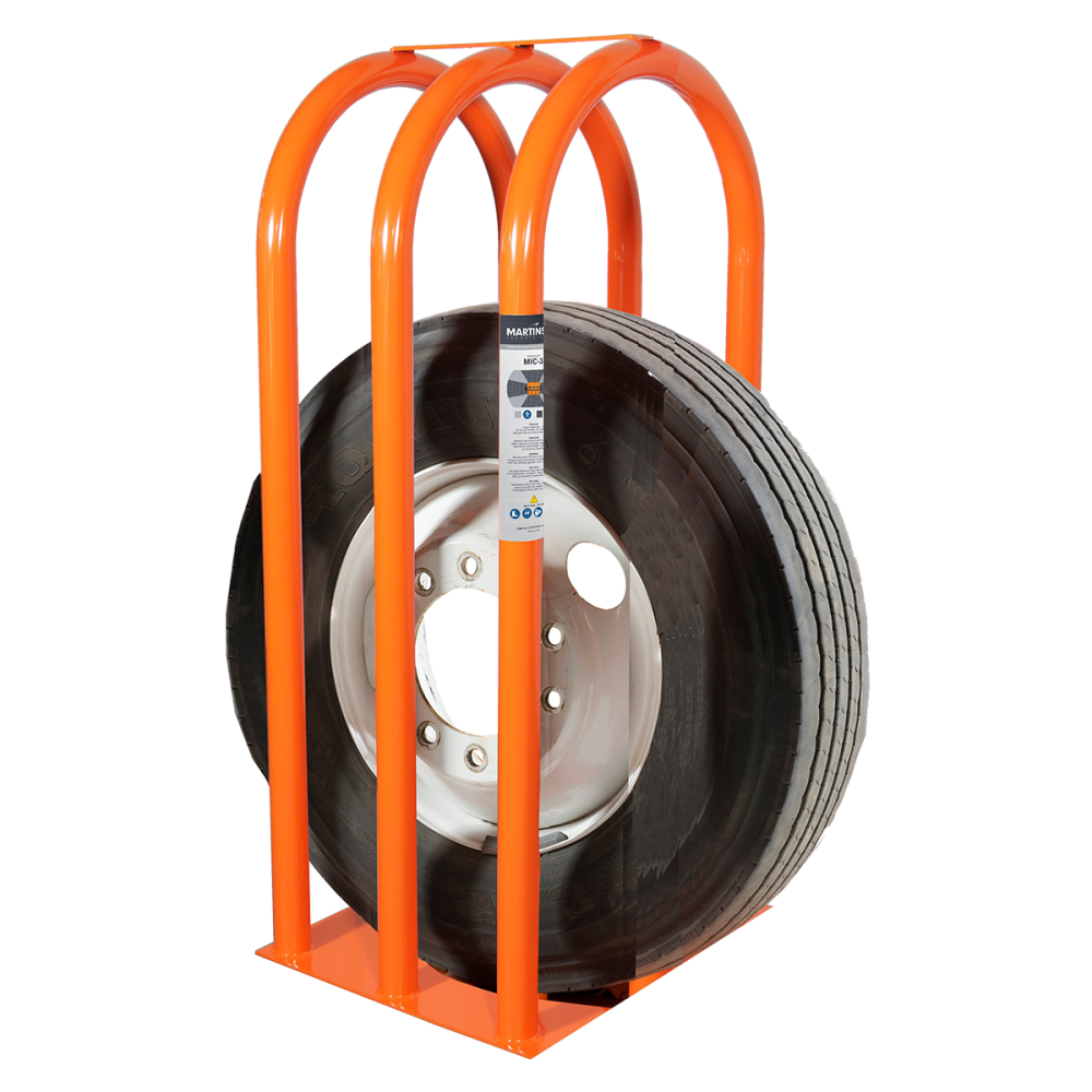 Martins Industries MIC-3 3-Bar Tire Inflation Cage in orange holding a truck tire