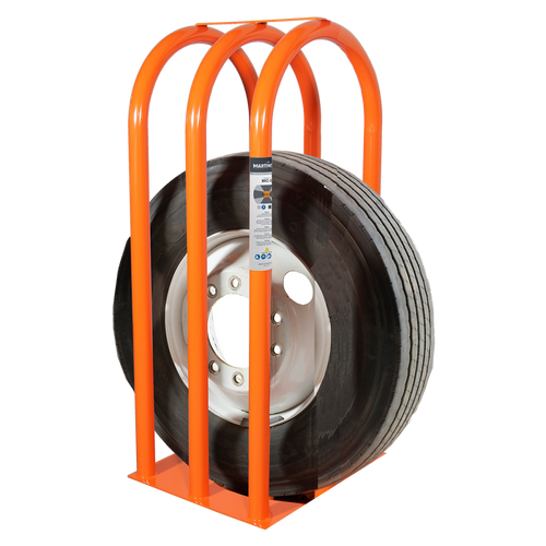 Martins Industries MIC-3 3-Bar Tire Inflation Cage in orange holding a truck tire