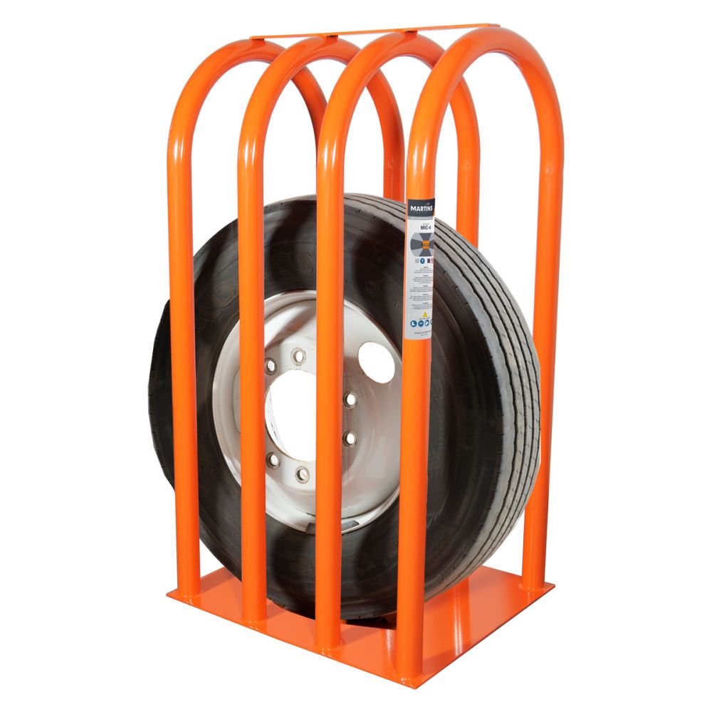 Martins Industries MIC-4 4-Bar Tire Inflation Cage with truck tire enclosed, orange powder-coated steel