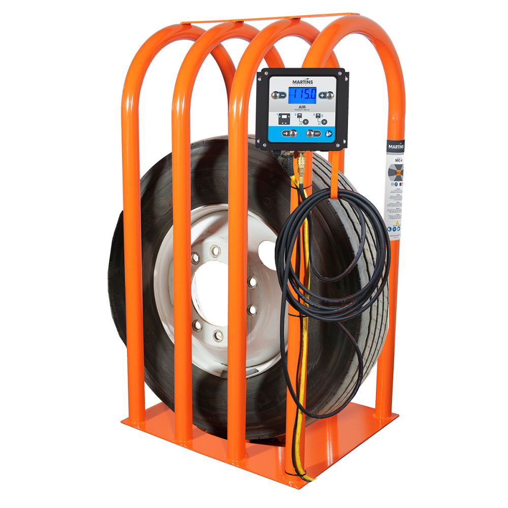 Martins Industries MIC-4-KIT 4-Bar Tire Inflation Cage with automatic inflator display and truck tire inside, orange steel frame